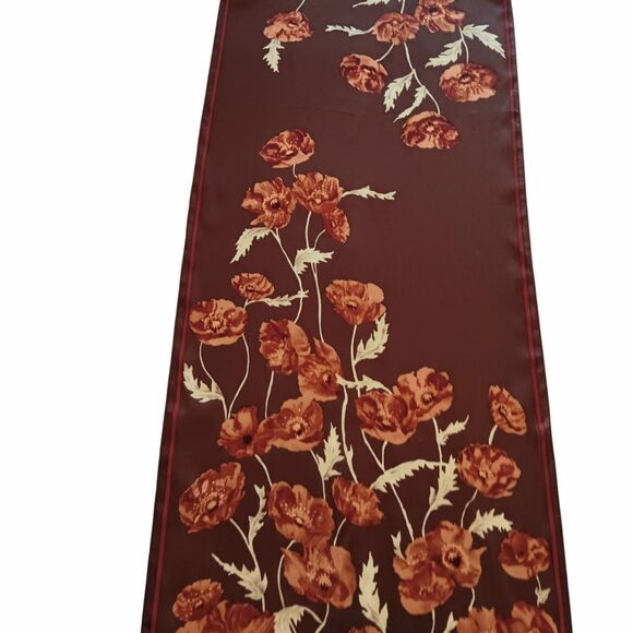 Anne Klein Silk Poppy Flowers Floral Scarf Brown Dark Red Cream Oblong 14" x 58" - Picture 3 of 15